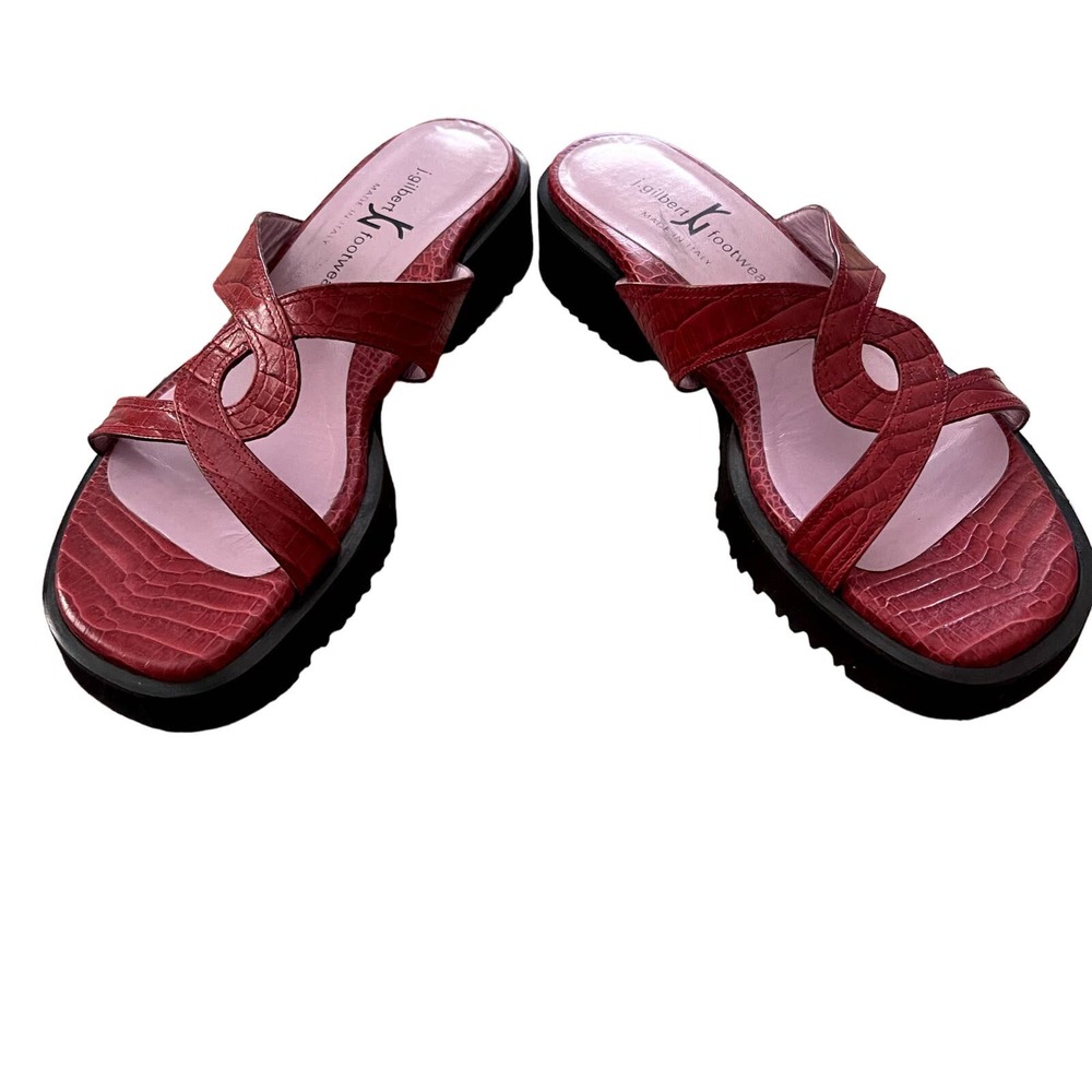 Gilbert Rohde Red Croc-Embossed Leather Slide Sandals - Picture 2 of 16